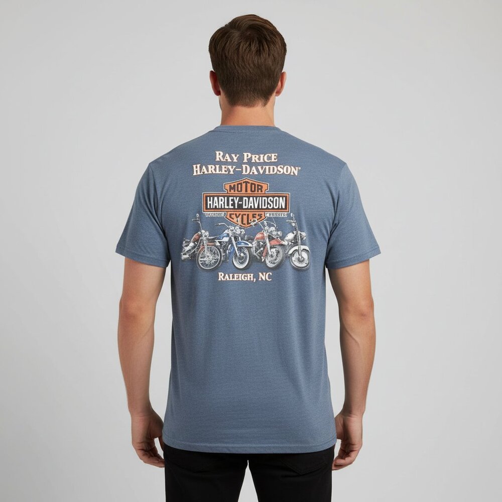 Harley Davidson Raleigh NC Dealer Shirt Men’s 2XL Blue Graphic Biker Tee